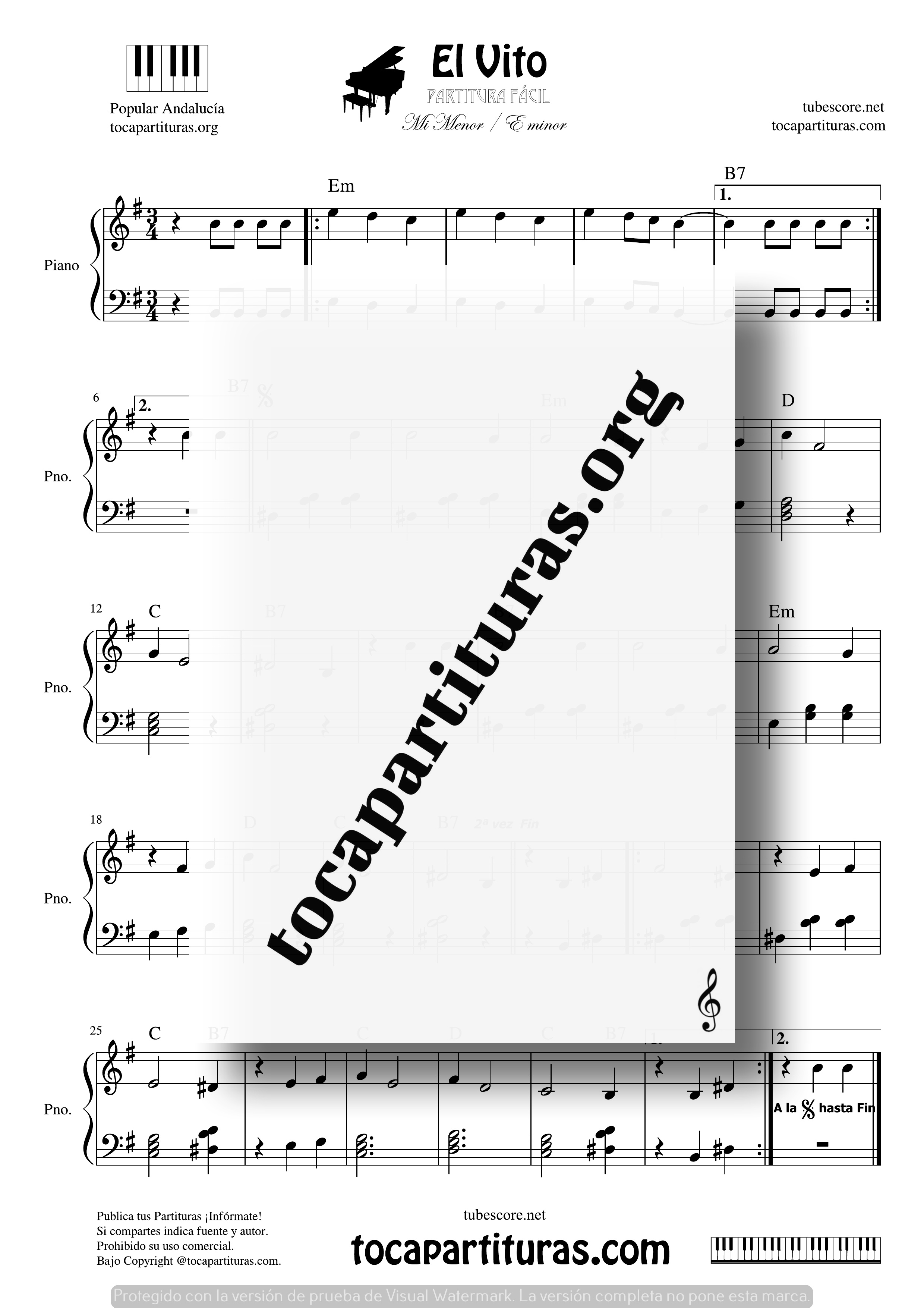 El Vito Partitura PDF y MIDIde Piano Fácil Mi menor con Acordes