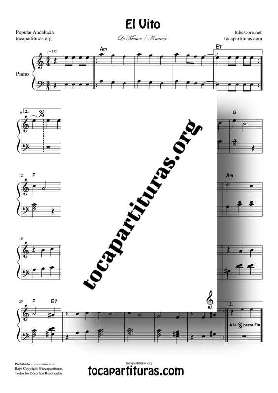 El Vito Partitura PDF y MIDI de Piano Fácil con Acordes en La m