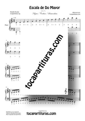 Escala de Do Piano PDF / MIDI Partitura Estudio con Dedos o Digitación en Negras, Corchea y Semicorcheas