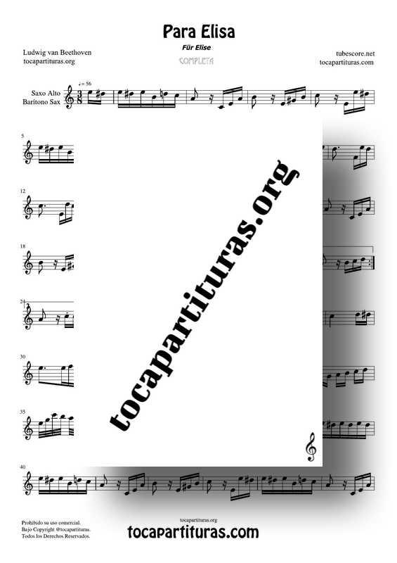 Fur Elise (Para Elisa) PDF MIDI Partitura de Saxofón Alto y Barítono Sax Completa Tono Original La m