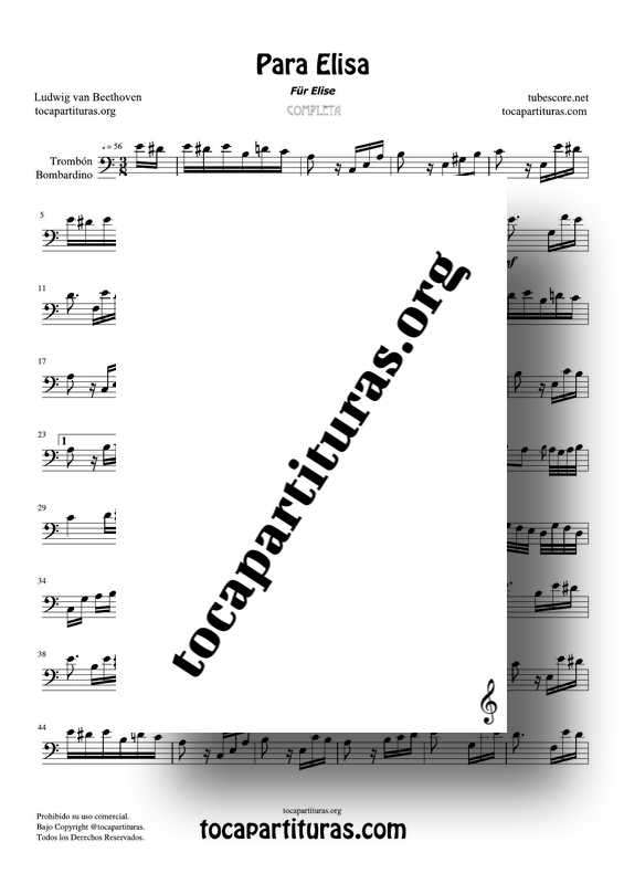 Fur Elise (Para Elisa) PDF MIDI Partitura de Trombón y Bombardino Completa Tono Original La m