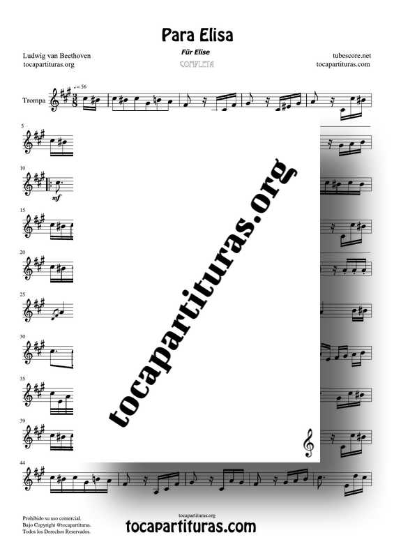 Fur Elise (Para Elisa) PDF MIDI Partitura de Trompa Completa Tono Original Do m