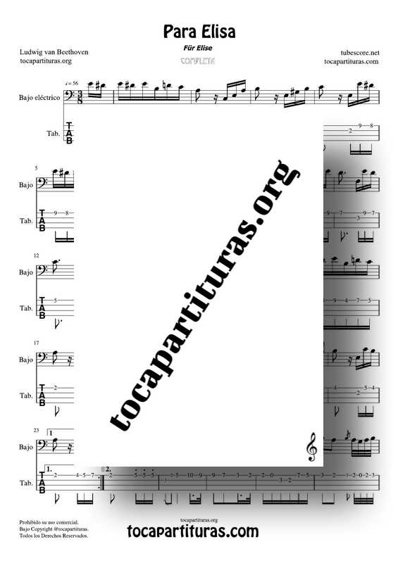 Fur Elise (Para Elisa) PDF MIDI Partitura y Tablatura del Punteo de Bajo Eléctrico Completa Tono Original La menor Electric bass