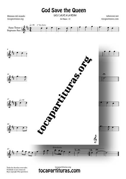 God Save the Queen Partitura PDF de Saxo Tenor y Soprano Sax en Re Mayor (Tonalidad original)