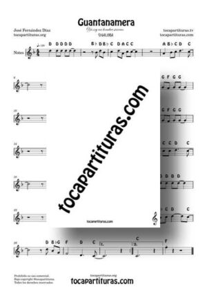 Guantanamera Easy Notes PDF Sheet Music beginners for Flute Recorder Violin Oboe… in F Major en Fa Mayor Popular de José Fernández Díaz Nivel Inicial Solista