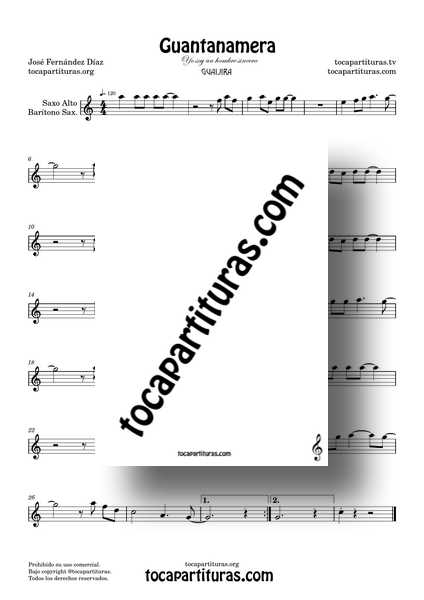 Guantanamera Partitura PDF de Saxo Alto y Barítono Sax en Do Mayor Popular de José Fernández Díaz Nivel Inicial Solista