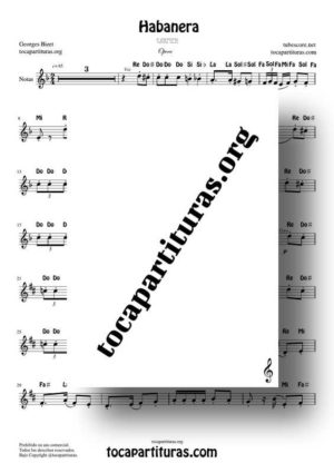 Habanera (Carmen de Bizet) Partitura Fácil con Notas en letra en Clave de Sol