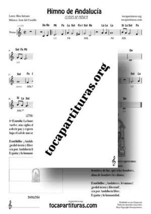 Himno de Andalucía Partitura Fácil con Notas Ficha 1 para colorear, cantar y tocar