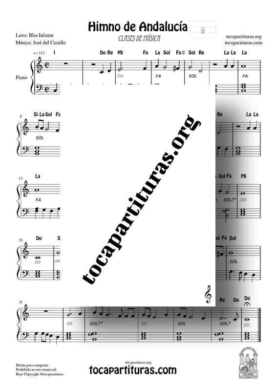 Himno de Andalucía Partitura PDF y MIDI de Piano Fácil con acordes para acompañar