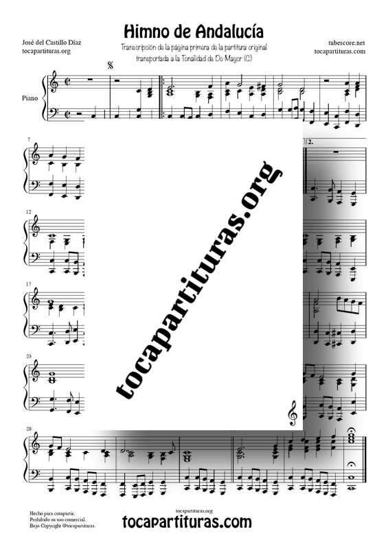 Himno de Andalucía Partitura PDF y MIDI de Piano en Do Transcripción de la original transportada a Do