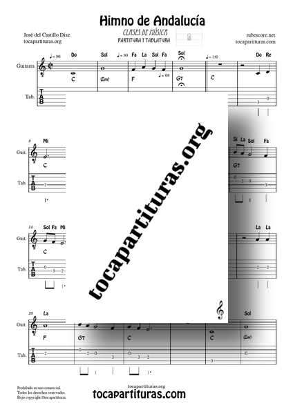 Himno de Andalucía Partitura y Tablatura Fácil con Notas de Guitarra en Do Mayor (Tonalidad Original)