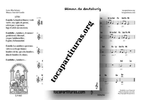 Himno de Andalucía PDF y MIDIPartituras con Notas y Letra Ficha 2 para Flauta Violin Oboe
