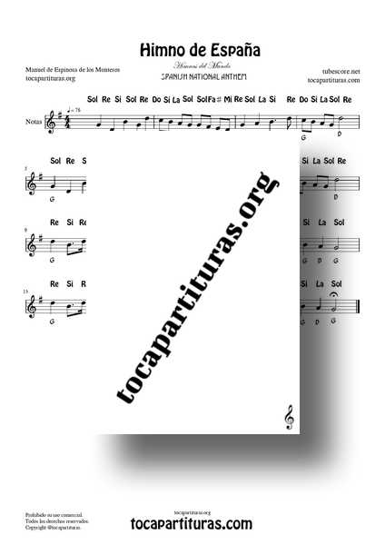 Himno de España Partitura PDF Fácil con Notas de Flautas Violín Oboe Piano... en Sol Mayor