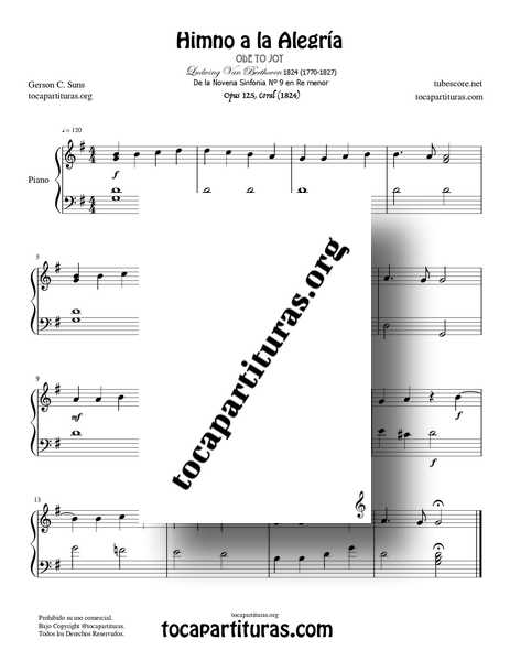 Himno de la Alegría Partitura PDF MIDI MP3 de Piano Fácil en Sol Mayor