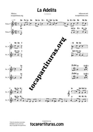 La Adelita Partitura de Dúo con Notas en letra en Clave de Sol (Flauta, Violin, Oboe, Trompeta, Clarinete…)