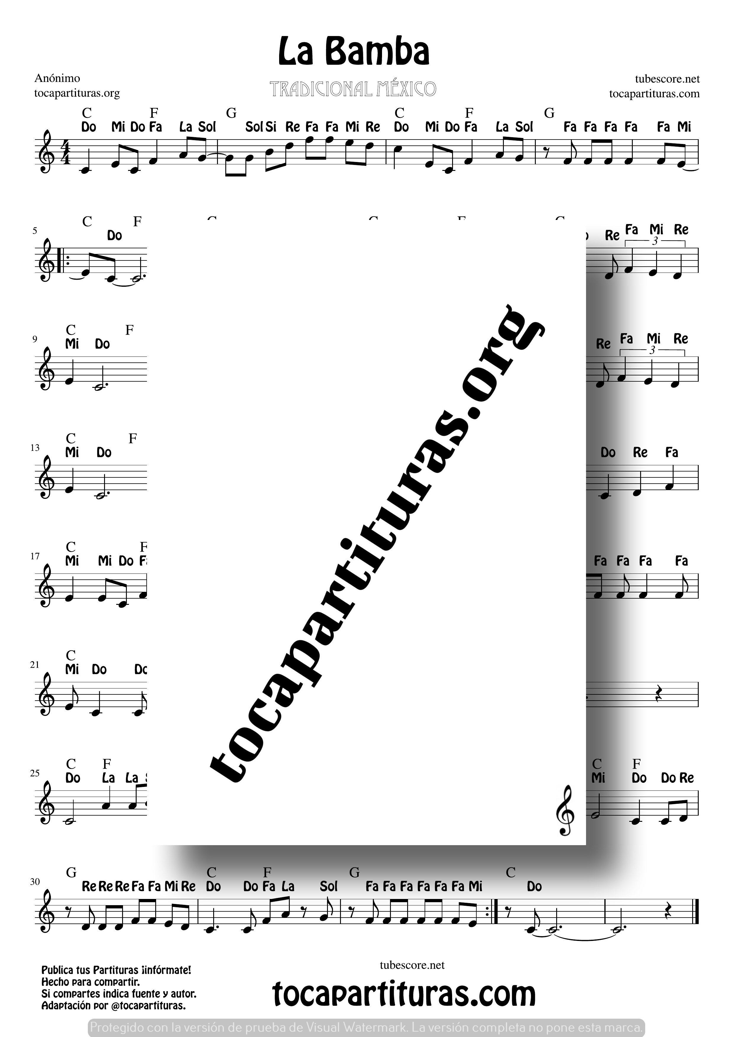 La Bamba Partitura con Notas en letras de Flauta violin oboe Sheet Music for flute