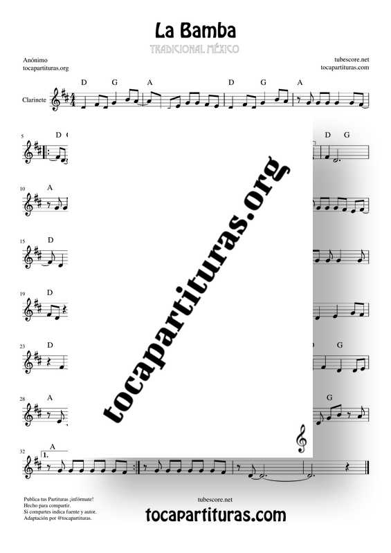 La Bamba Partitura de Clarinete Sheet Music for Clarinet