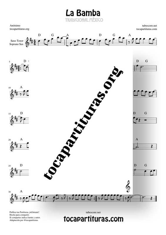 La Bamba Partitura de Saxo Tenor Soprano Sax Sheet Music for Tenor Saxophone Soprano Sax