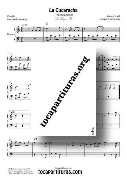 La Cucaracha Partitura PDF MIDI de Piano Fácil en Do Mayor