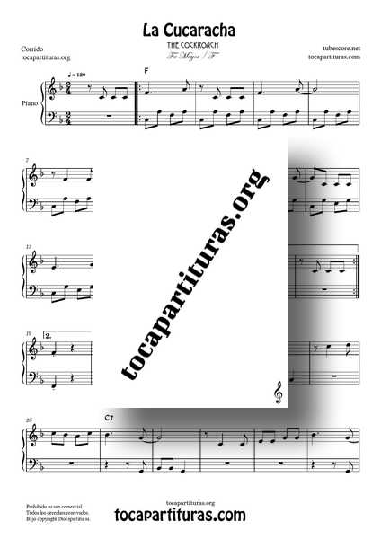 La Cucaracha Partitura PDF MIDI de Piano Fácil en Fa Mayor1
