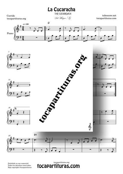 La Cucaracha Partitura PDF MIDI de Piano Fácil en SOL Mayor
