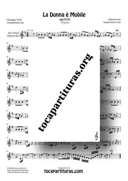 La Donna Mobile Rigoletto Partitura de Saxofón Tenor y Soprano Sax PDF Tonalidad fácil Nivel Medio Música Clásica Opera Aria