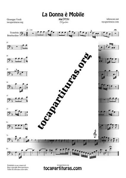 La Donna Mobile Rigoletto Partitura de Trombón y Bombardino PDF Tonalidad fácil Nivel Medio Música Clásica Opera Aria