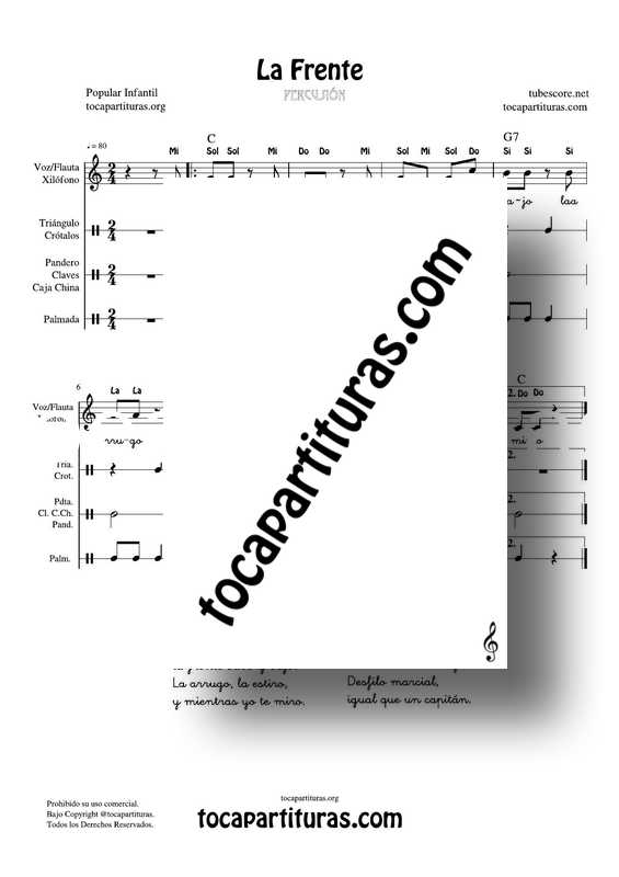 La Frente Partitura PDF y MIDI de Flauta, Voz, Xilófono, Pandero, Triángulo, Palmas, Claves... Percusión y Placas