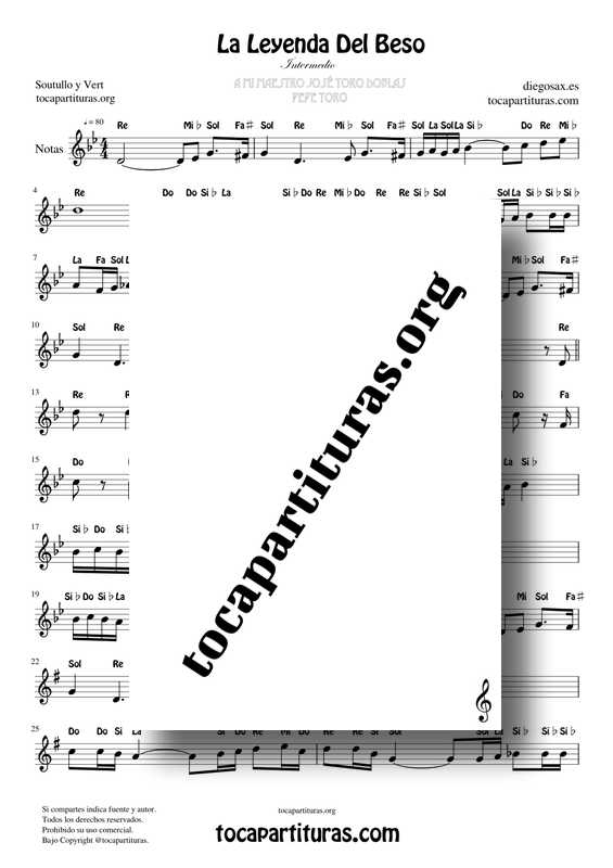 La Leyenda Del Beso PDF MIDI KARAOKE Partitura con Notas en letra de Flauta Violín Oboe... Clave de Sol