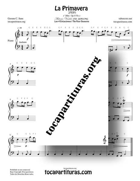 La Primavera Partitura PDF MIDI MP3 de Piano muy fácil Didáctico
