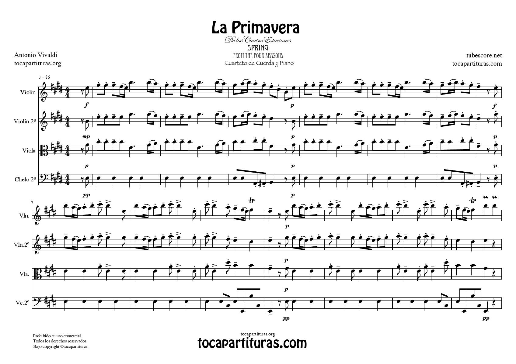 La Primavera de Vivaldi Partitura GUIÓN Cuarteto de Cuerda y Piano Tono Original de las 4 Estaciones VENTA PDF Y MIDI
