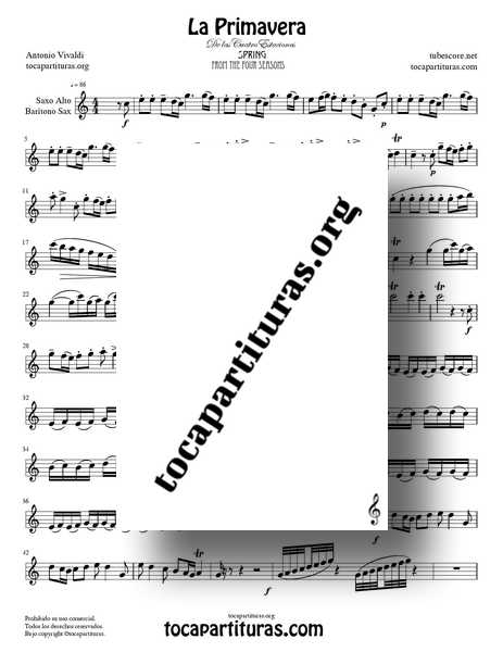 La Primavera de Vivaldi Partitura de Saxofón Alto Completa Tono DoM de las 4 Estaciones PDF MIDI