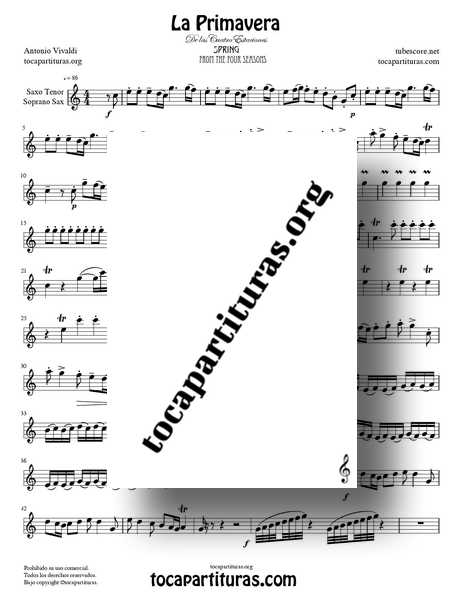 La Primavera de Vivaldi Partitura de Saxofón Tenor y Soprano Sax Completa Tono Do Mayor de las 4 Estaciones PDF y MIDI