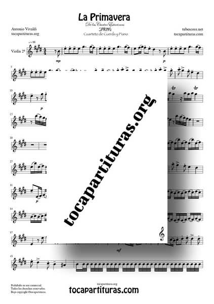 La Primavera de Vivaldi PDF Y MIDI Partitura de Violín 2º para CUARTETO DE CUERDA Tono Original de las 4 Estaciones