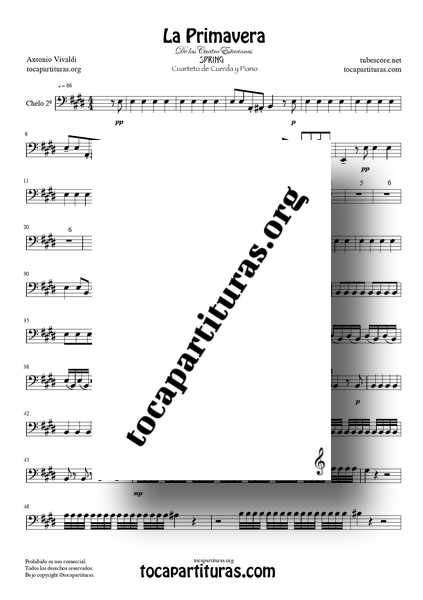 La Primavera de Vivaldi Partitura de Violonchelo (Chelo) para CUARTETO DE CUERDA Tono Original de las 4 Estaciones PDF Y MIDI