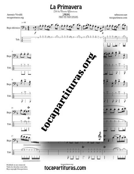La Primavera de Vivaldi Partitura y Tablatura Punteo de Bajo Eléctrico Completa Tono FaM de las 4 Estaciones PDF MIDI