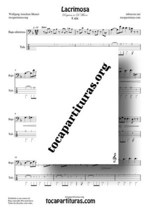Lacrimosa del Requiem de Mozart Partitura y Tablatura de Bajo Eléctrico