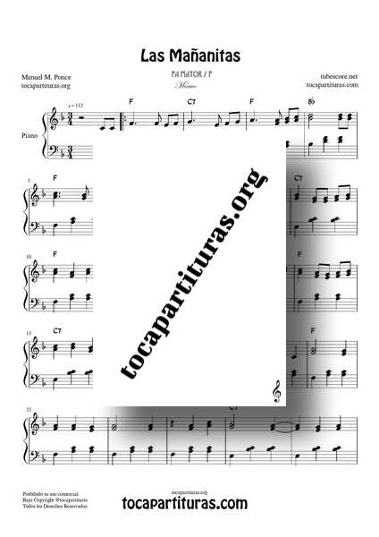 Las Mañanitas Partitura Completa de Piano Versión Fácil en Fa Mayor