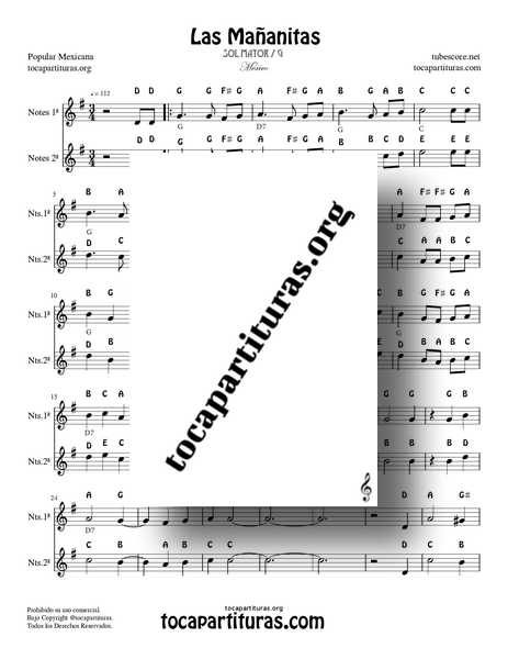 Las Mañanitas Easy Notes Duet in G Sheet Music for Flute Violin Recorder Oboe