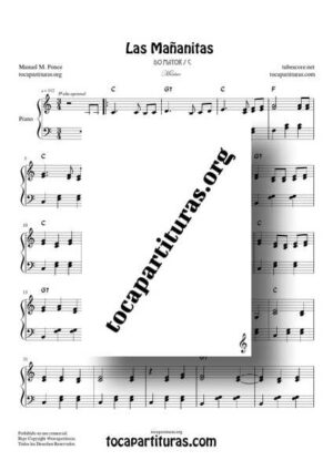 Las Mañanitas Partitura Completa de Piano Versión Fácil en Do Mayor a dos voces