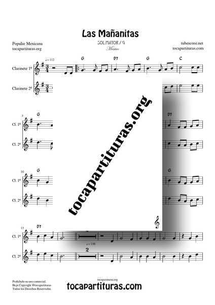 Las Mañanitas Partitura Dúo de Clarinete (1º y 2º) a dos voces