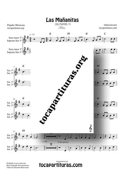 Las Mañanitas Partitura Dúo de Saxo Tenor y Soprano Sax (1ª y 2ª) a dos voces