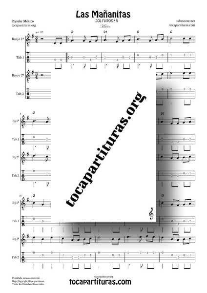 Las Mañanitas Partitura y Tablatura Dúo de Banjo Sol M (1ª y 2ª) a dos voces Tabs