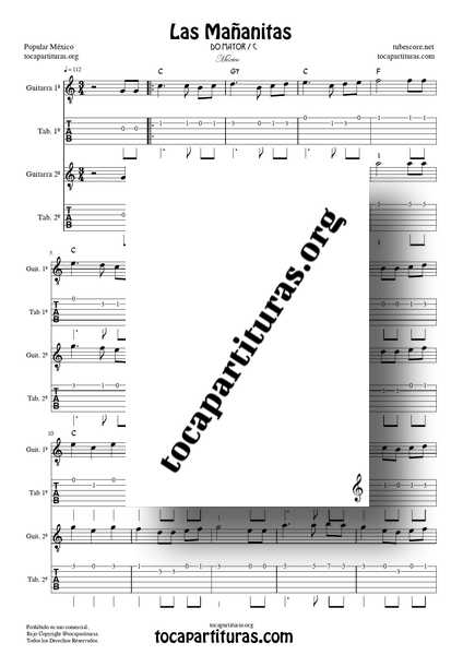 Las Mañanitas Partitura y Tablatura Dúo de Guitarra DO MAYOR (1ª y 2ª) a dos voces Tabs
