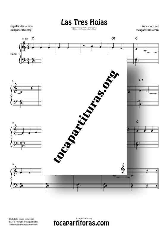 Las Tres Hojas Partitura PDF y MIDI de Piano Fácil con acordes