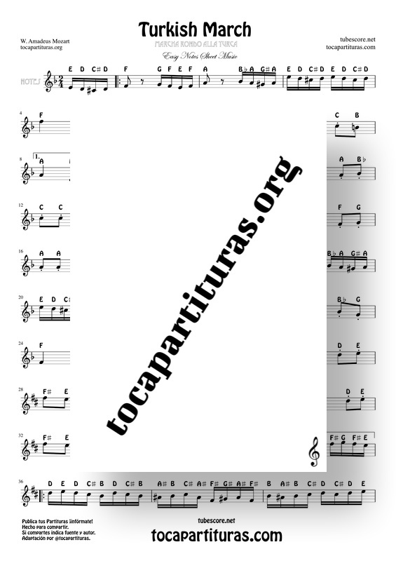 Marcha Alla Turca by Mozart Easy Notes Sheet Music Treble Clef Flute Violin Oboe Sax PDF KARAOKE MIDI MP3
