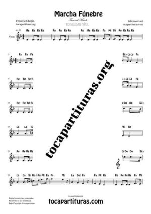 Marcha Fúnebre de Chopin Partitura con Notas en letra en Clave de Sol (Flauta, Violin, Oboe, Trompeta, Clarinete…)