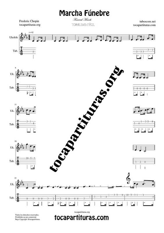 Marcha Fúnebre de Chopin Partitura y Tablatura del Punteo de Ukelele (Tabs)