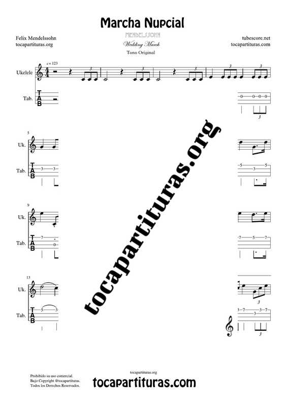 Marcha Nupcial de Mendelssohn Partitura y Tablatura del Punteo de Ukelele (Tabs) Tono Original