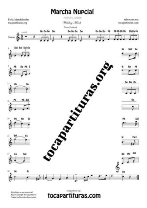 Marcha Nupcial de Mendelssohn Partitura Fácil con Notas en letra en Clave de Sol (Tono Original)